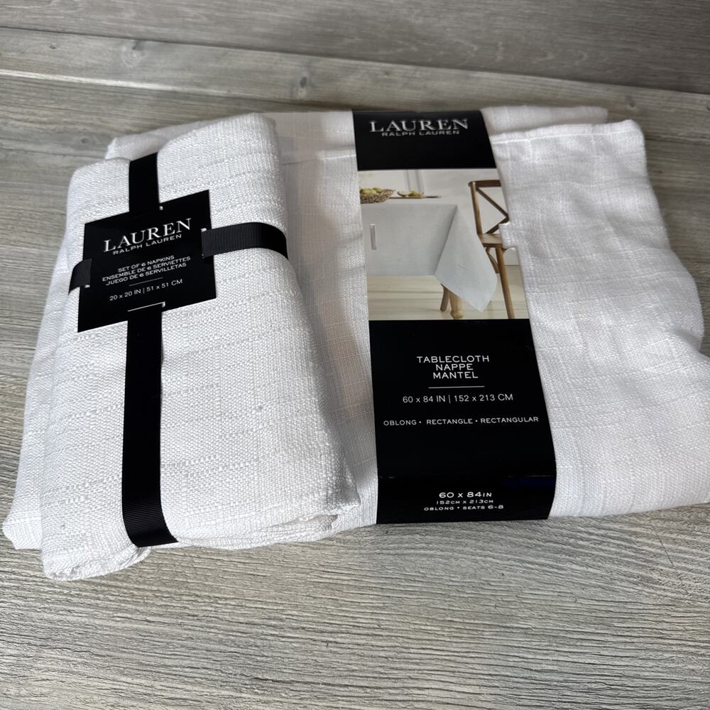 RALPH LAUREN Set 60 x 84 Holland White Holiday Designer Tablecloth & 6 Napkins